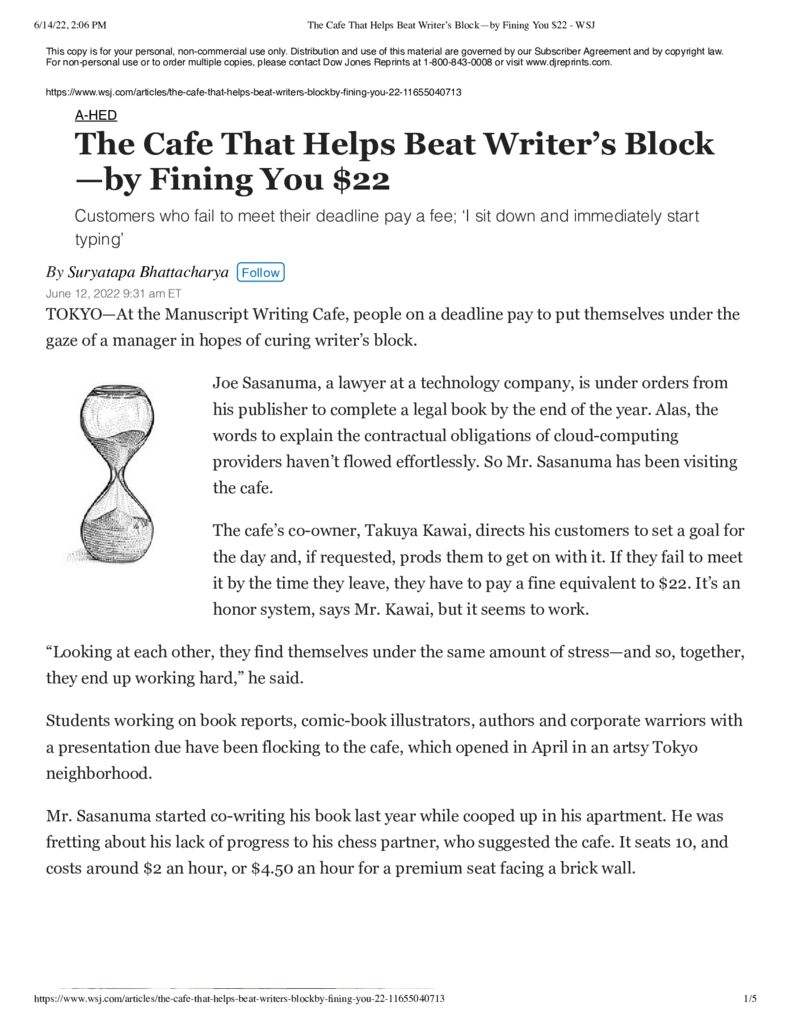 【学生の活躍・放映4年斉藤鈴乃さん】The Cafe That Helps Beat Writers Blockby Fining You $22 – WSJのサムネイル